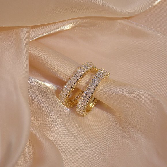 NEW 14K Gold Plated Baguette Diamond Hoop Earrings - Picture 5 of 7